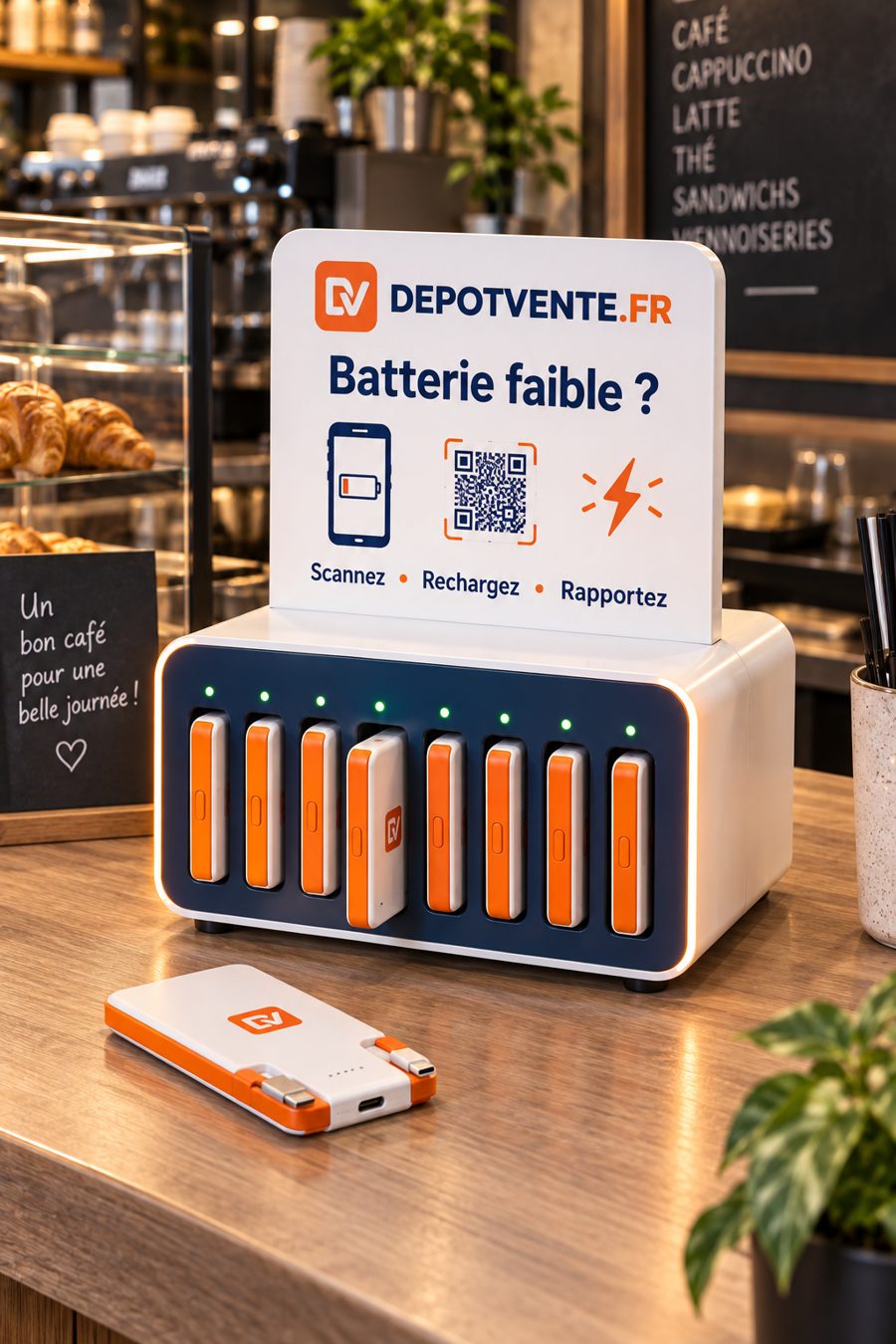 Borne powerbank DEPOTVENTE.FR sur le comptoir d'un café