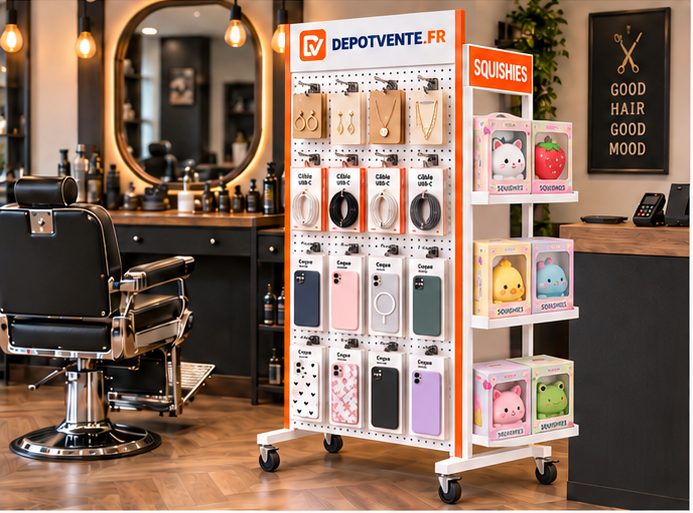 Présentoir DEPOTVENTE.FR chez un coiffeur