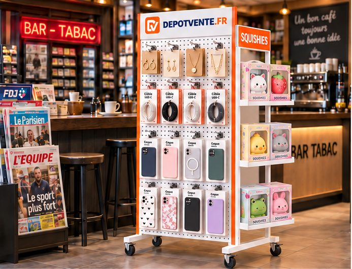 Présentoir DEPOTVENTE.FR installé dans un bar-tabac